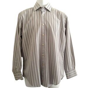 Thomas Dean Shirt Men's Medium Brown Blue Stripe Flip Cuff Business  Casual